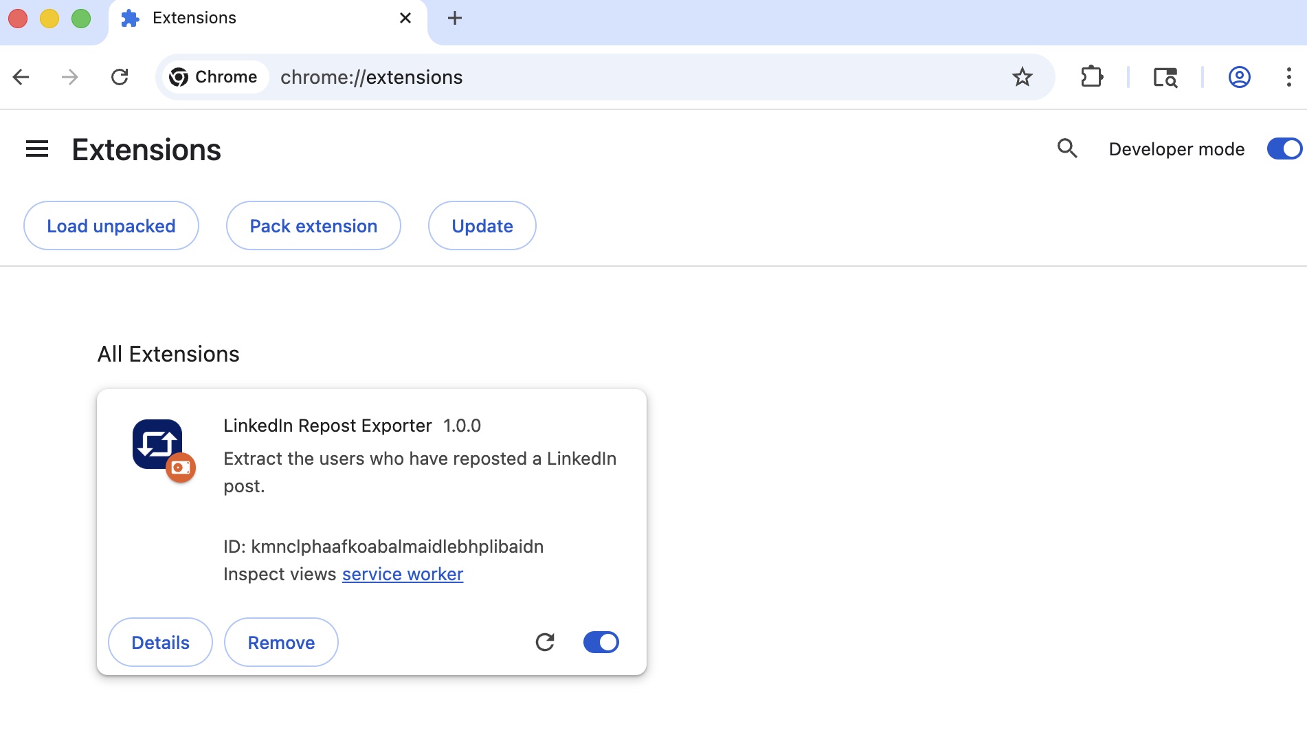 LinkedIn Repost Exporter chrome extension install done