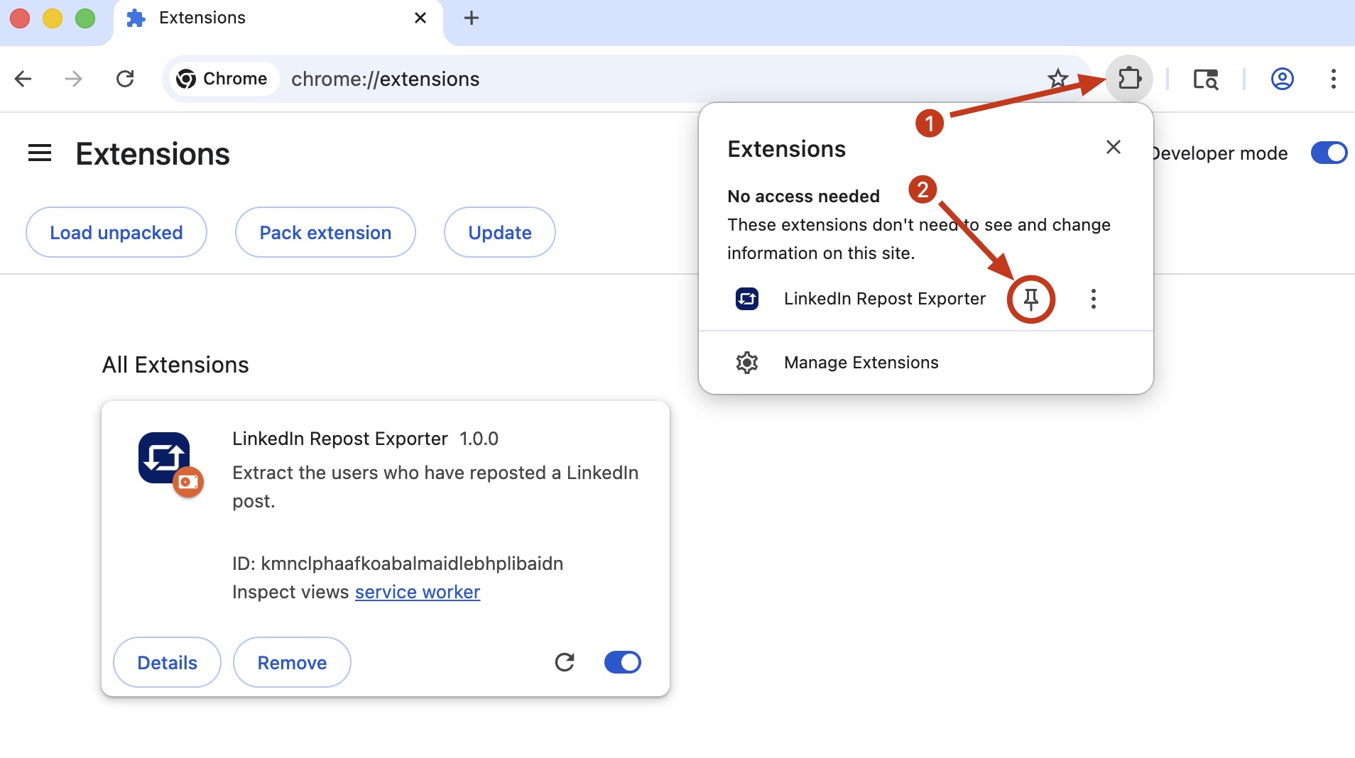LinkedIn Repost Exporter chrome extension install pin